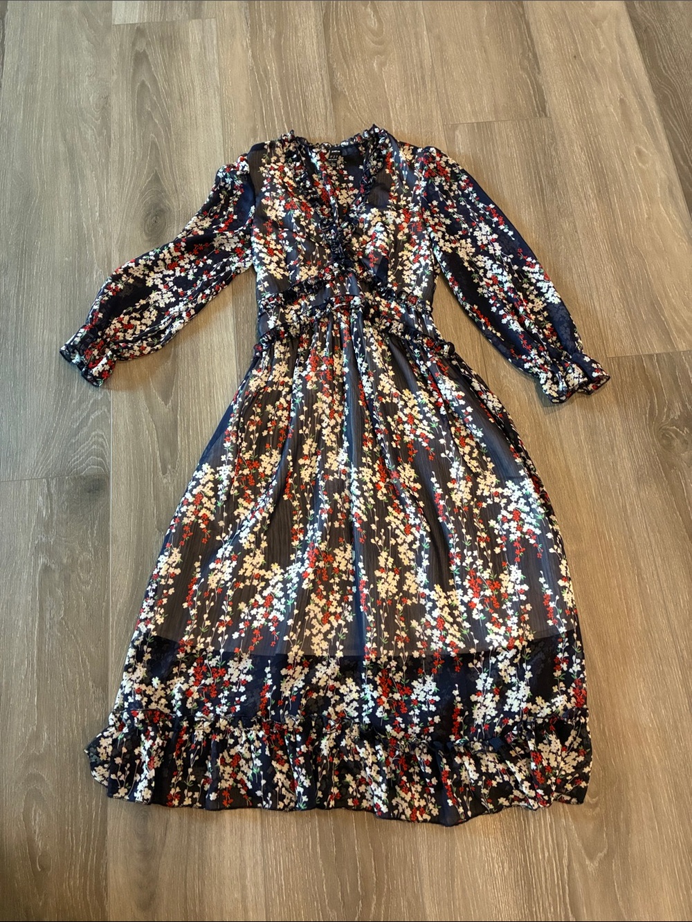 Women's Navy Floral Ruffle Midi Dress size S